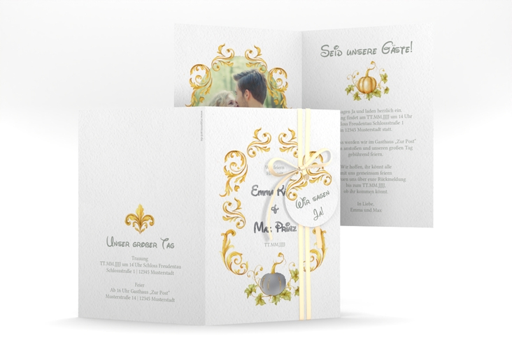 Einladungskarte Hochzeit Märchenhaft A6 Klappkarte hoch gold silber