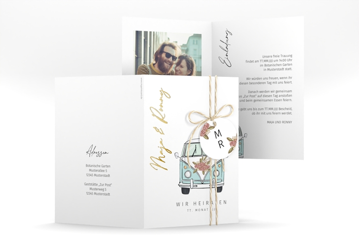 Einladungskarte Hochzeit Hochzeitsbulli A6 Klappkarte hoch blau gold mit Gräsern und Trockenblumen für Boho-Hochzeit