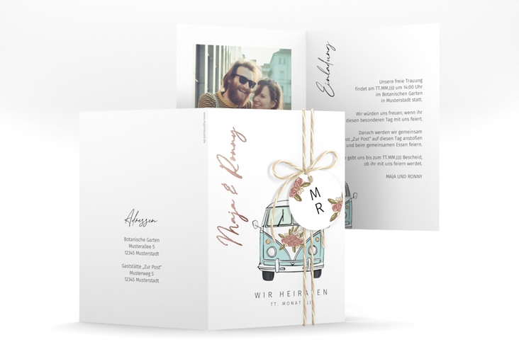 Einladungskarte Hochzeit Hochzeitsbulli A6 Klappkarte hoch blau rosegold mit Gräsern und Trockenblumen für Boho-Hochzeit