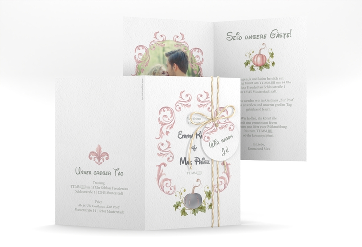 Einladungskarte Hochzeit Märchenhaft A6 Klappkarte hoch rosa silber