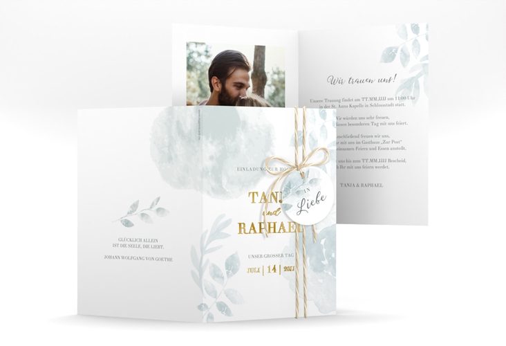Einladungskarte Hochzeit Blätterdruck A6 Klappkarte hoch mint gold