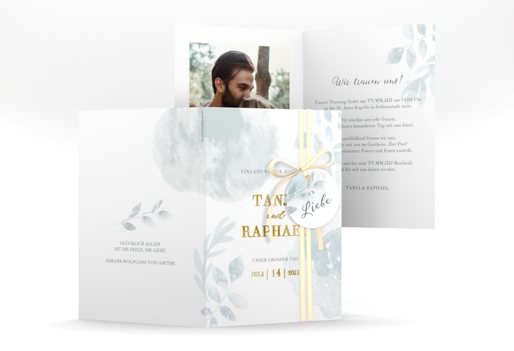 Einladungskarte Hochzeit Blätterdruck A6 Klappkarte hoch mint gold
