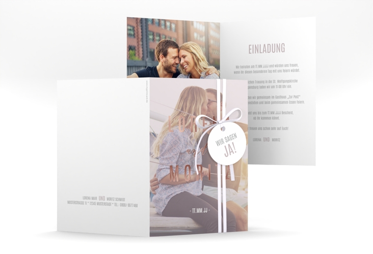 Einladungskarte Hochzeit Memory A6 Klappkarte hoch grau rosegold
