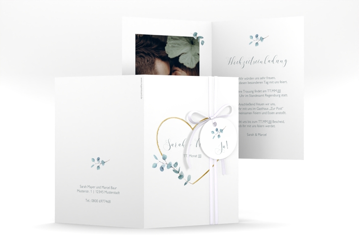 Einladungskarte Hochzeit Greenheart A6 Klappkarte hoch rosa gold mit elegantem Herz und Eukalyptus-Zweig
