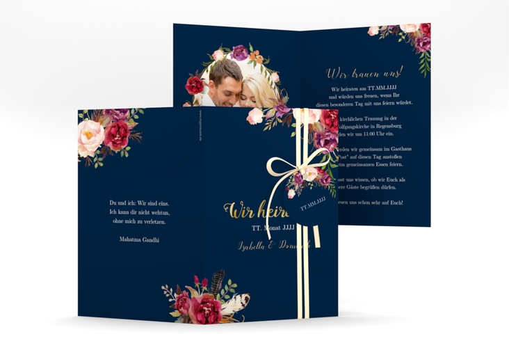 Einladungskarte Hochzeit Flowers A6 Klappkarte hoch blau gold mit bunten Aquarell-Blumen
