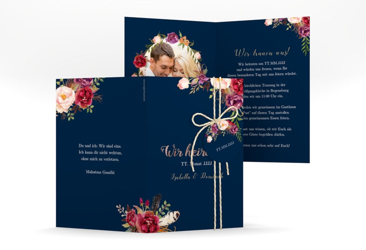Einladungskarte Hochzeit Flowers A6 Klappkarte hoch blau rosegold mit bunten Aquarell-Blumen