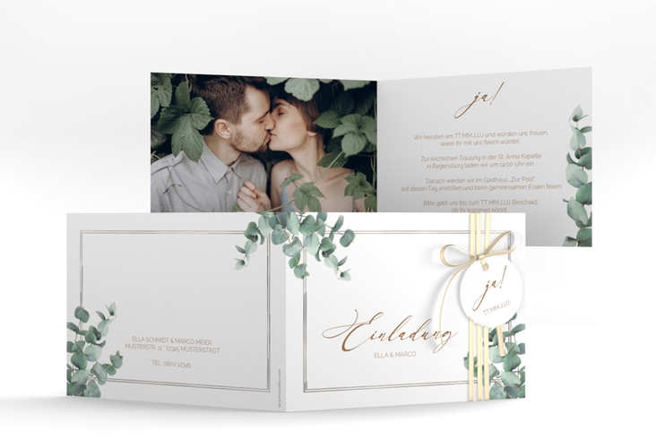 Hochzeitseinladung Eucalypt A6 Klappkarte quer silber mit Eukalyptus und edlem Rahmen