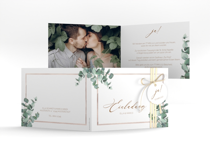 Hochzeitseinladung Eucalypt A6 Klappkarte quer rosegold mit Eukalyptus und edlem Rahmen