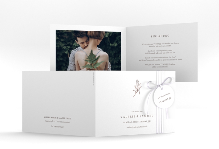 Hochzeitseinladung Ivy A6 Klappkarte quer rosegold minimalistisch mit kleiner botanischer Illustration