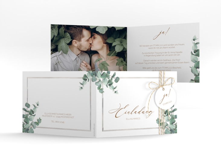 Hochzeitseinladung Eucalypt A6 Klappkarte quer silber mit Eukalyptus und edlem Rahmen