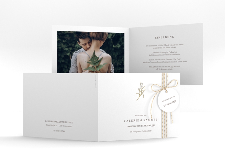 Hochzeitseinladung Ivy A6 Klappkarte quer gold minimalistisch mit kleiner botanischer Illustration