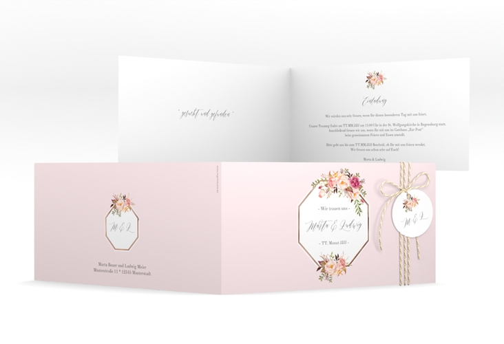 Hochzeitseinladung Prachtvoll lange Klappkarte quer rosa rosegold