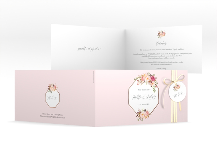 Hochzeitseinladung Prachtvoll lange Klappkarte quer rosa rosegold