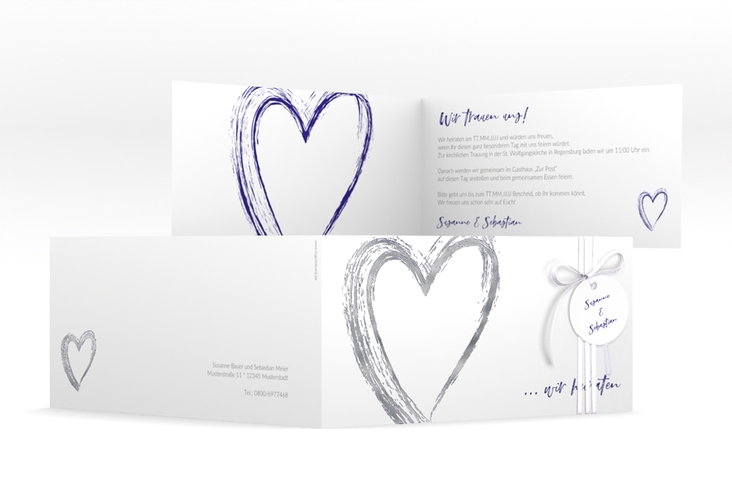 Hochzeitseinladung Liebe lange Klappkarte quer blau silber