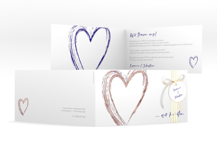 Hochzeitseinladung Liebe lange Klappkarte quer blau rosegold