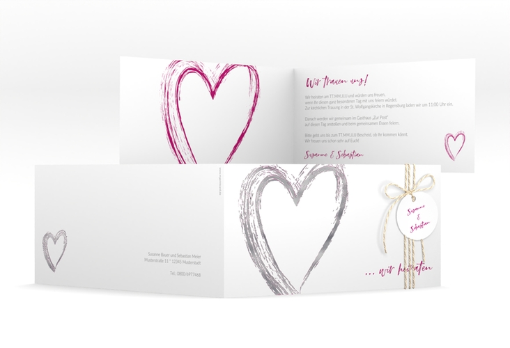 Hochzeitseinladung Liebe lange Klappkarte quer pink silber