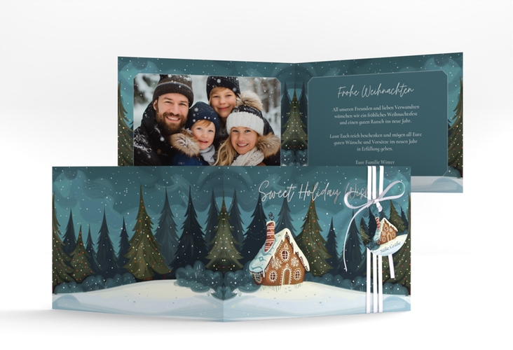 Weihnachtskarte Knusperhaus A6 Klappkarte quer silber mit Lebkuchenhaus im Winterwald