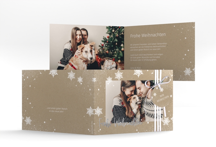 Weihnachtskarte Schneezauber A6 Klappkarte quer silber mit Foto und Schneeflocken