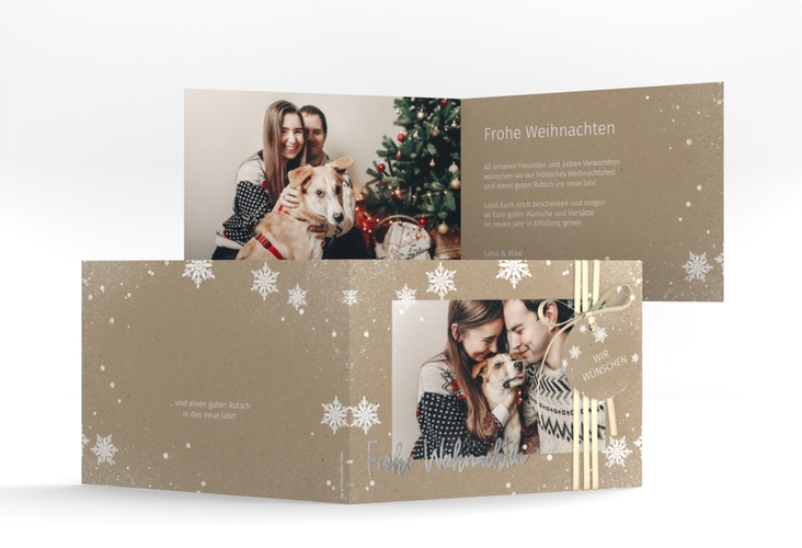 Weihnachtskarte Schneezauber A6 Klappkarte quer silber mit Foto und Schneeflocken
