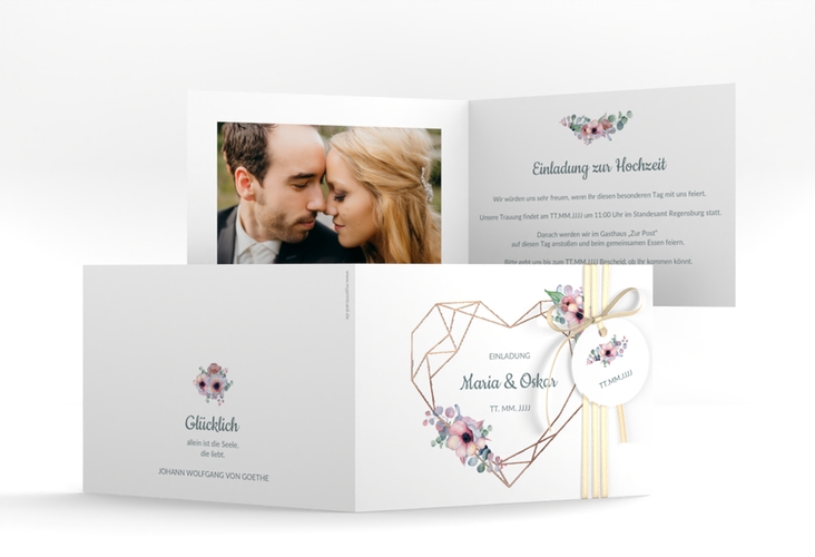 Hochzeitseinladung Herzgold A6 Klappkarte quer rosegold