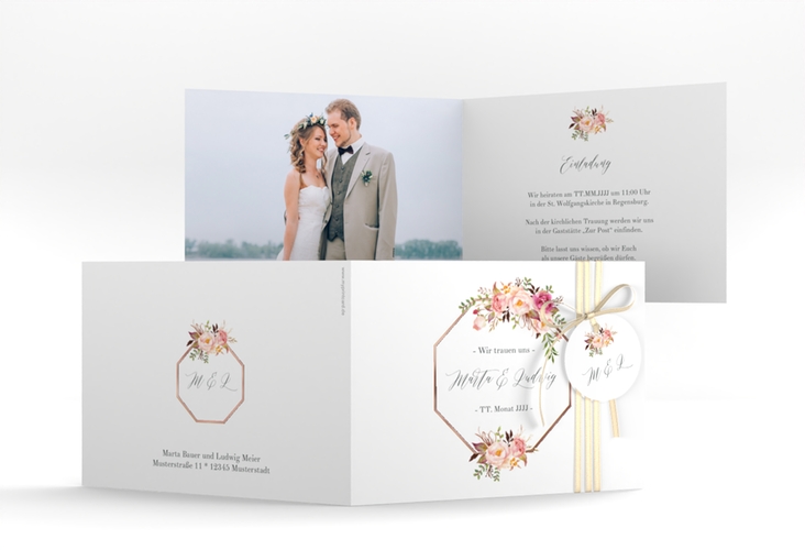 Hochzeitseinladung Prachtvoll A6 Klappkarte quer rosegold
