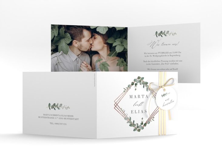 Hochzeitseinladung Eukalyptus A6 Klappkarte quer rosegold
