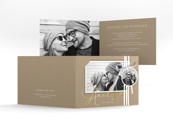 Hochzeitseinladung Crafty A6 Klappkarte quer gold mit Foto