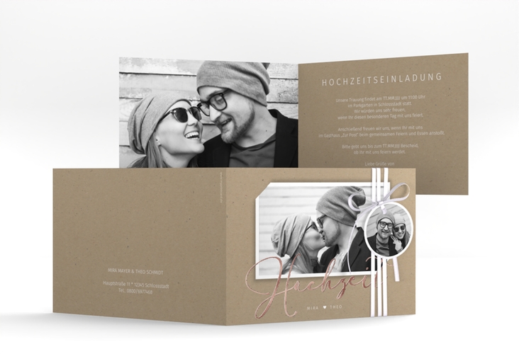 Hochzeitseinladung Crafty A6 Klappkarte quer rosegold mit Foto