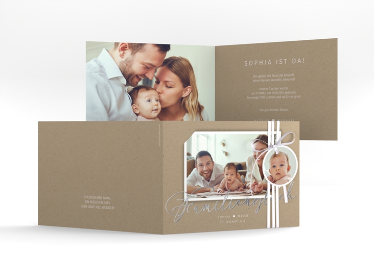 Geburtskarte Familienzuwachs A6 Klappkarte quer silber