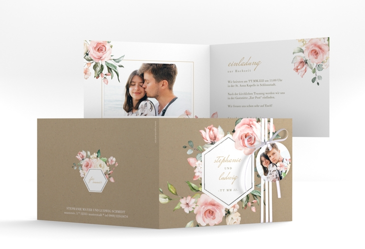 Einladung Hochzeit Graceful A6 Klappkarte quer silber mit Rosenblüten in Rosa und Weiß