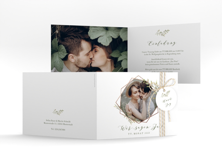 Hochzeitseinladung Acacia A6 Klappkarte quer rosegold