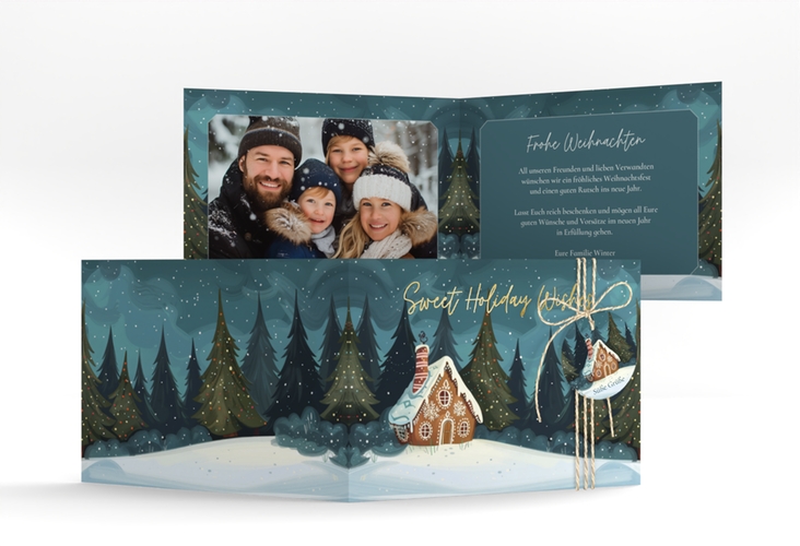 Weihnachtskarte Knusperhaus A6 Klappkarte quer gold mit Lebkuchenhaus im Winterwald