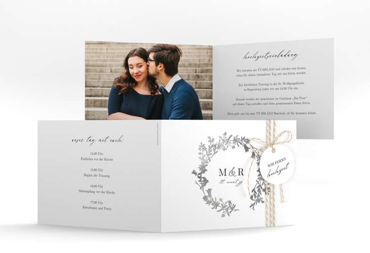 Hochzeitseinladung Filigree A6 Klappkarte quer silber