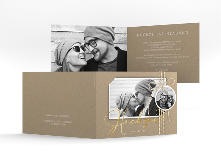 Hochzeitseinladung Crafty A6 Klappkarte quer gold mit Foto