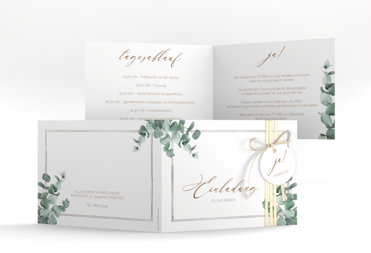 Hochzeitseinladung Eucalypt A6 Klappkarte quer silber mit Eukalyptus und edlem Rahmen