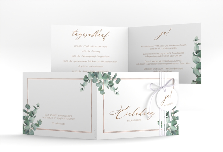 Hochzeitseinladung Eucalypt A6 Klappkarte quer rosegold mit Eukalyptus und edlem Rahmen