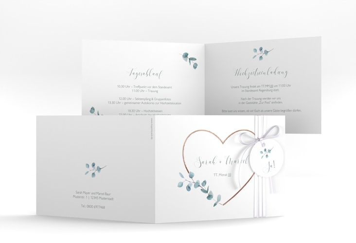 Hochzeitseinladung Greenheart A6 Klappkarte quer rosegold mit elegantem Herz und Eukalyptus-Zweig