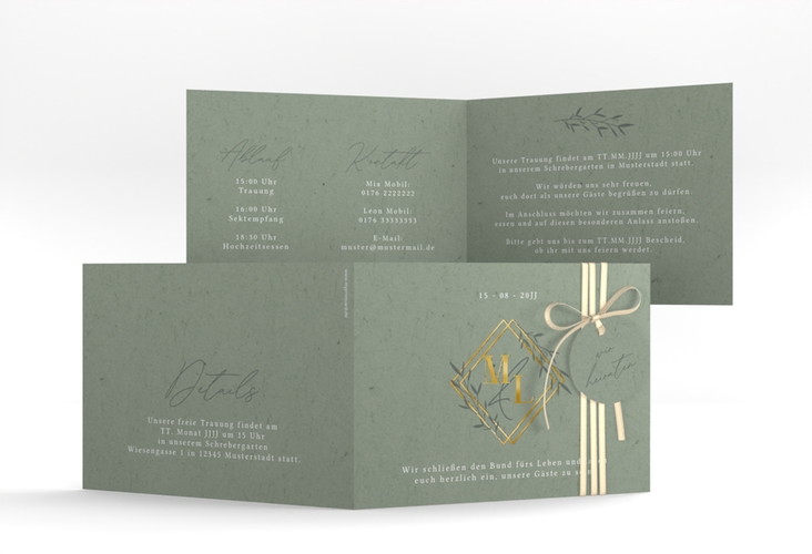 Hochzeitseinladung Greenletter A6 Klappkarte quer gold mit Initialen in elegantem Goldrahmen mit Blättern