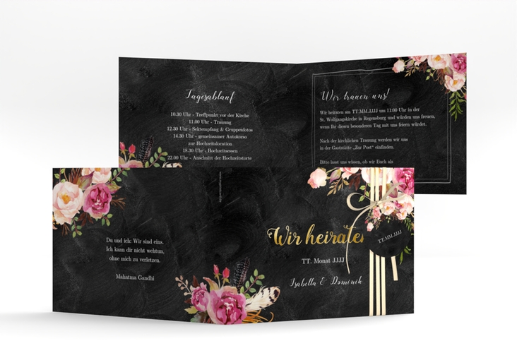 Hochzeitseinladung Flowers A6 Klappkarte quer gold mit bunten Aquarell-Blumen