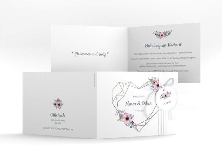 Hochzeitseinladung Herzgold A6 Klappkarte quer silber