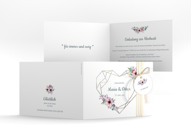 Hochzeitseinladung Herzgold A6 Klappkarte quer silber