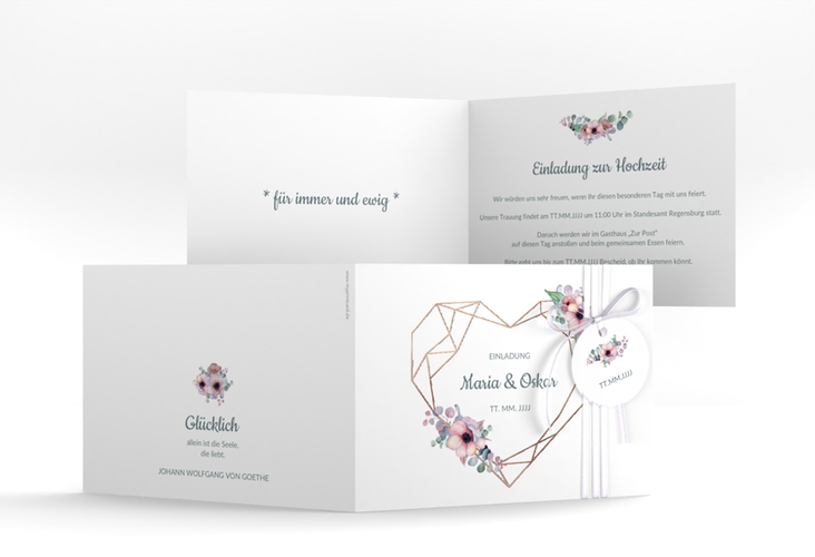 Hochzeitseinladung Herzgold A6 Klappkarte quer rosegold