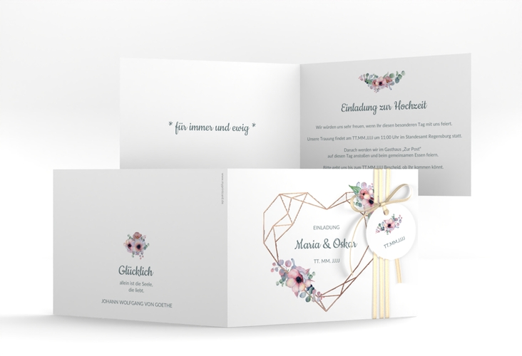Hochzeitseinladung Herzgold A6 Klappkarte quer rosegold