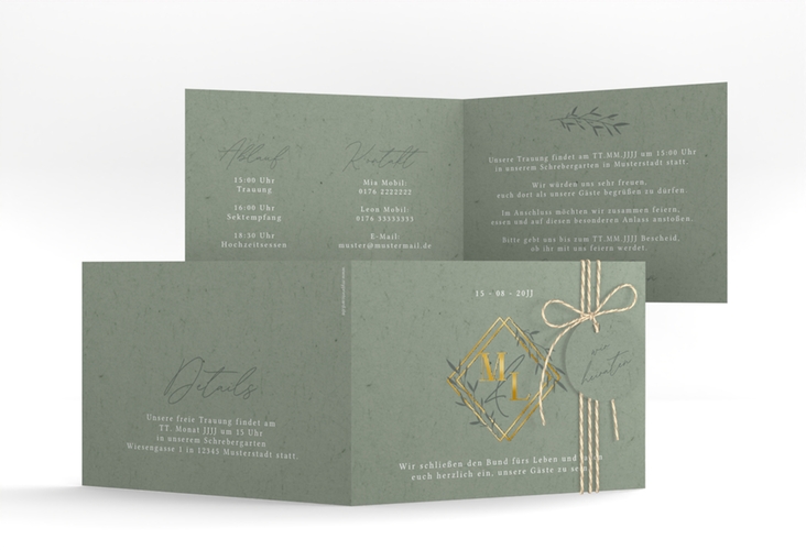 Hochzeitseinladung Greenletter A6 Klappkarte quer gold mit Initialen in elegantem Goldrahmen mit Blättern
