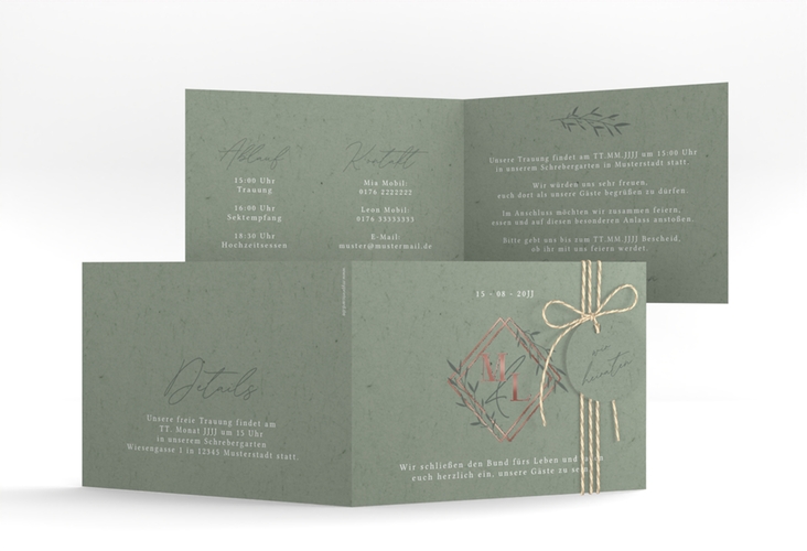Hochzeitseinladung Greenletter A6 Klappkarte quer rosegold mit Initialen in elegantem Goldrahmen mit Blättern