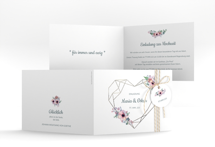 Hochzeitseinladung Herzgold A6 Klappkarte quer silber