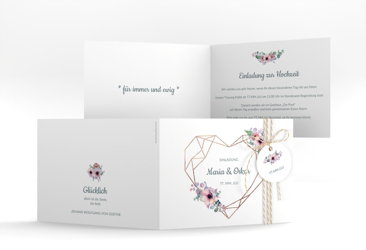 Hochzeitseinladung Herzgold A6 Klappkarte quer rosegold