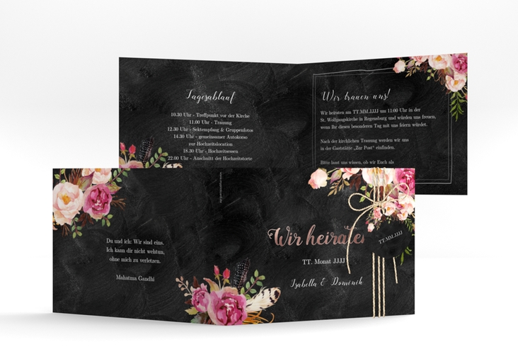 Hochzeitseinladung Flowers A6 Klappkarte quer rosegold mit bunten Aquarell-Blumen