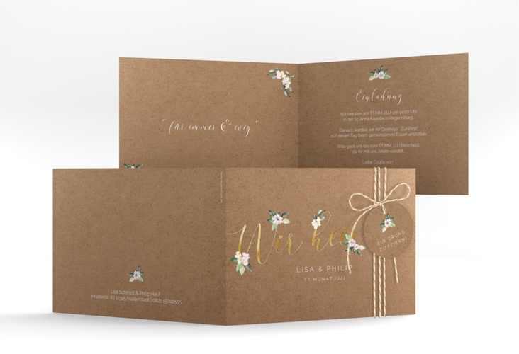 Hochzeitseinladung Inlove A6 Klappkarte quer gold