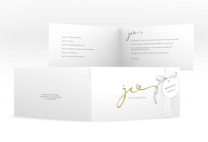 Hochzeitseinladung Jawort lange Klappkarte quer weiss gold modern minimalistisch mit veredelter Aufschrift